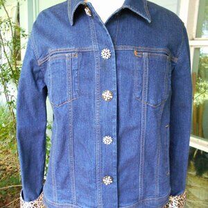 Westbound Dark Indigo Jean Jacket, Size M, Rhinestone Snaps, Leopard Accents
